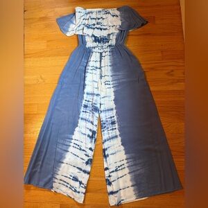 Ocean Drive Blue and White Tie-Dye Flowy Jumpsuit size M